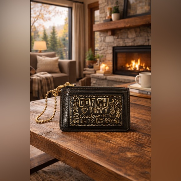 Coach Accessories - Coach Poppy  Black Leather Card Case with Gold Script and Chain